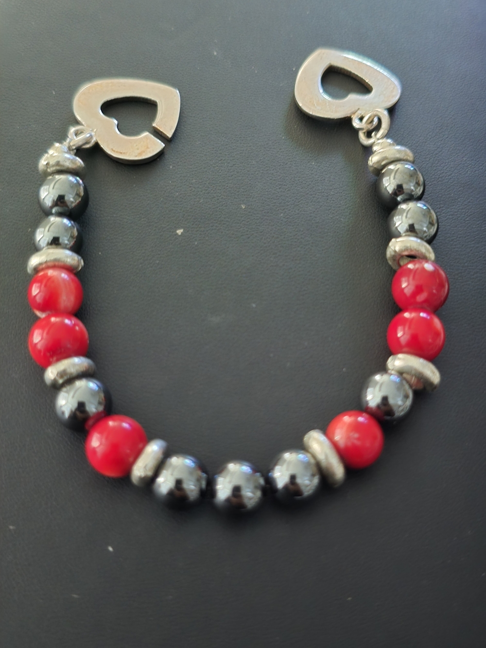 Red Coral Hematite Beaded Necklace 925 Sterling Heart Clasp - Read Description
